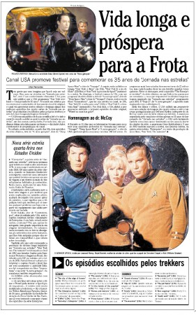 O Globo, 21 de setembro de 2001. Reportagem com diversas informações, dentre eles a programação do canal USA para as   comemorações de 35 anos de Star Trek e o lançamento da série Enterprise. 